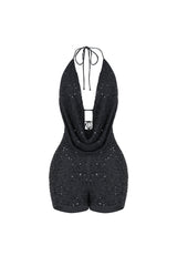 Deep plunging halter mini romper with draped cowl neck overlay and small strap connector featuring scatter shimmering beads