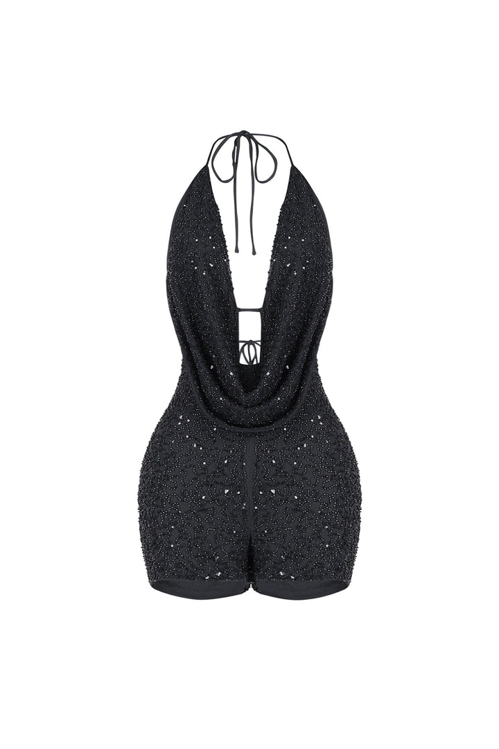 Deep plunging halter mini romper with draped cowl neck overlay and small strap connector featuring scatter shimmering beads