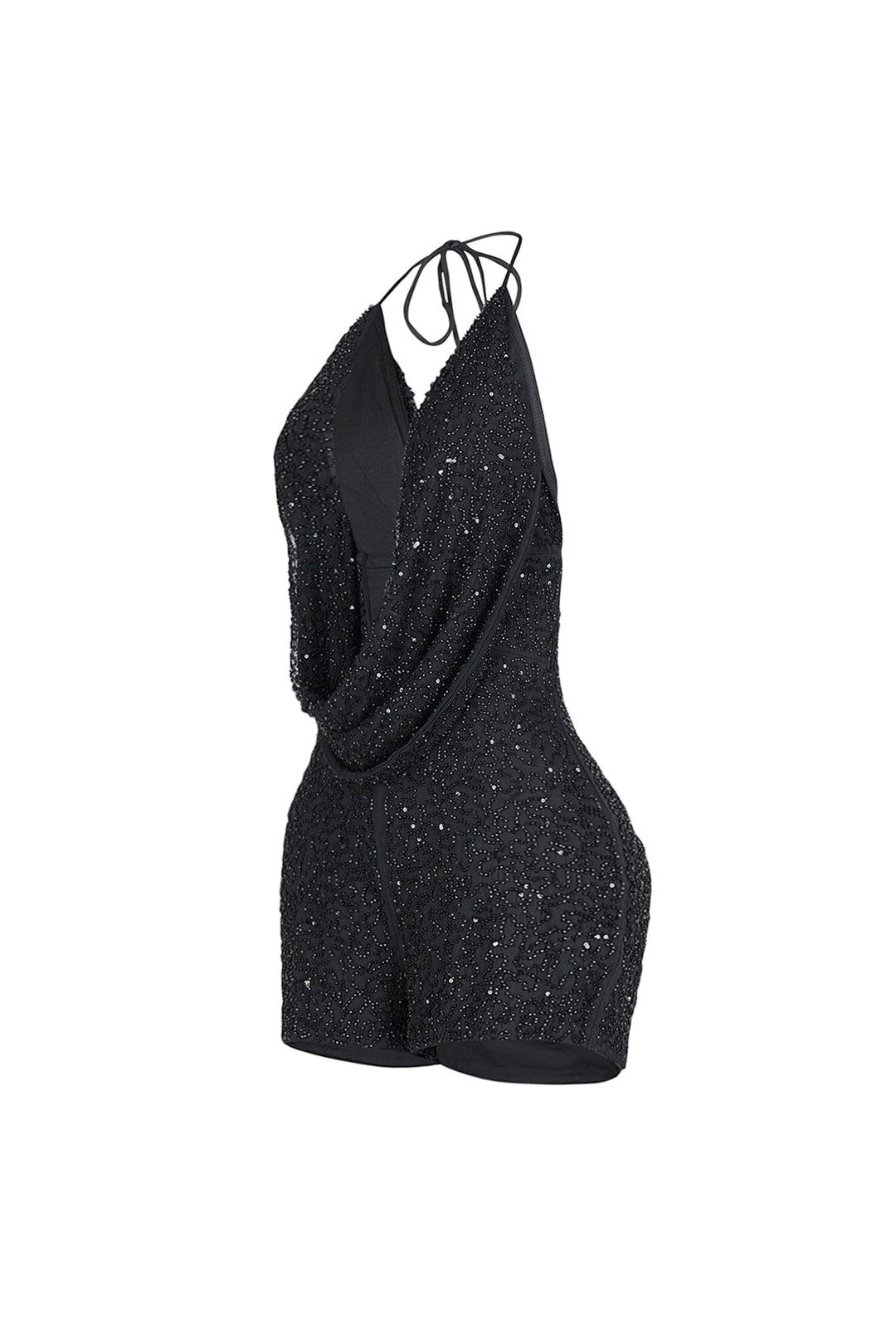 Deep plunging halter mini romper with draped cowl neck overlay and small strap connector featuring scatter shimmering beads