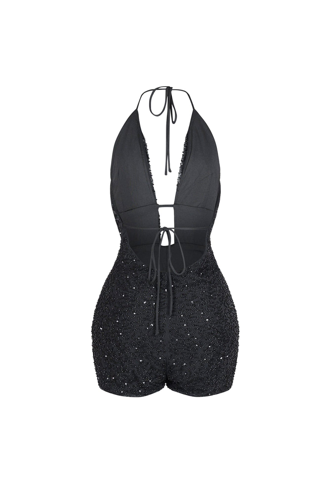 Deep plunging halter mini romper with draped cowl neck overlay and small strap connector featuring scatter shimmering beads