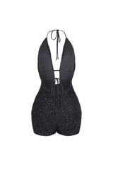 Deep plunging halter mini romper with draped cowl neck overlay and small strap connector featuring scatter shimmering beads