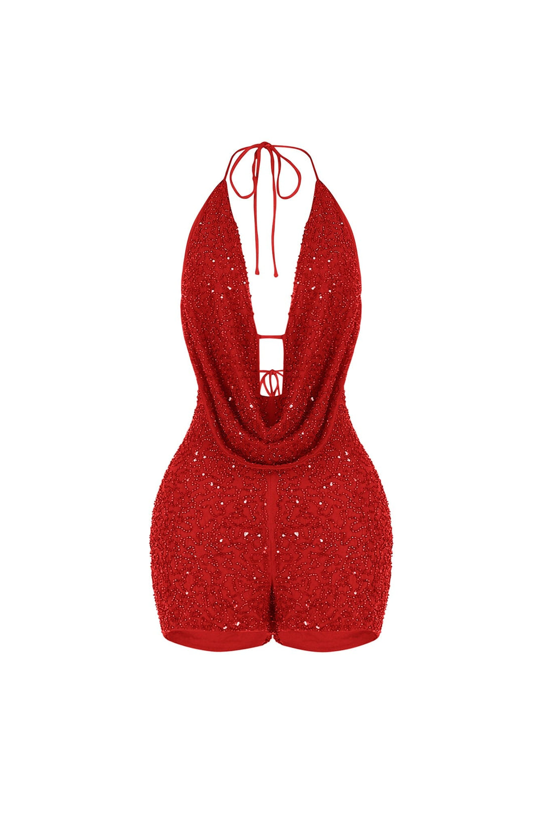 Deep plunging halter mini romper with draped cowl neck overlay and small strap connector featuring scatter shimmering beads