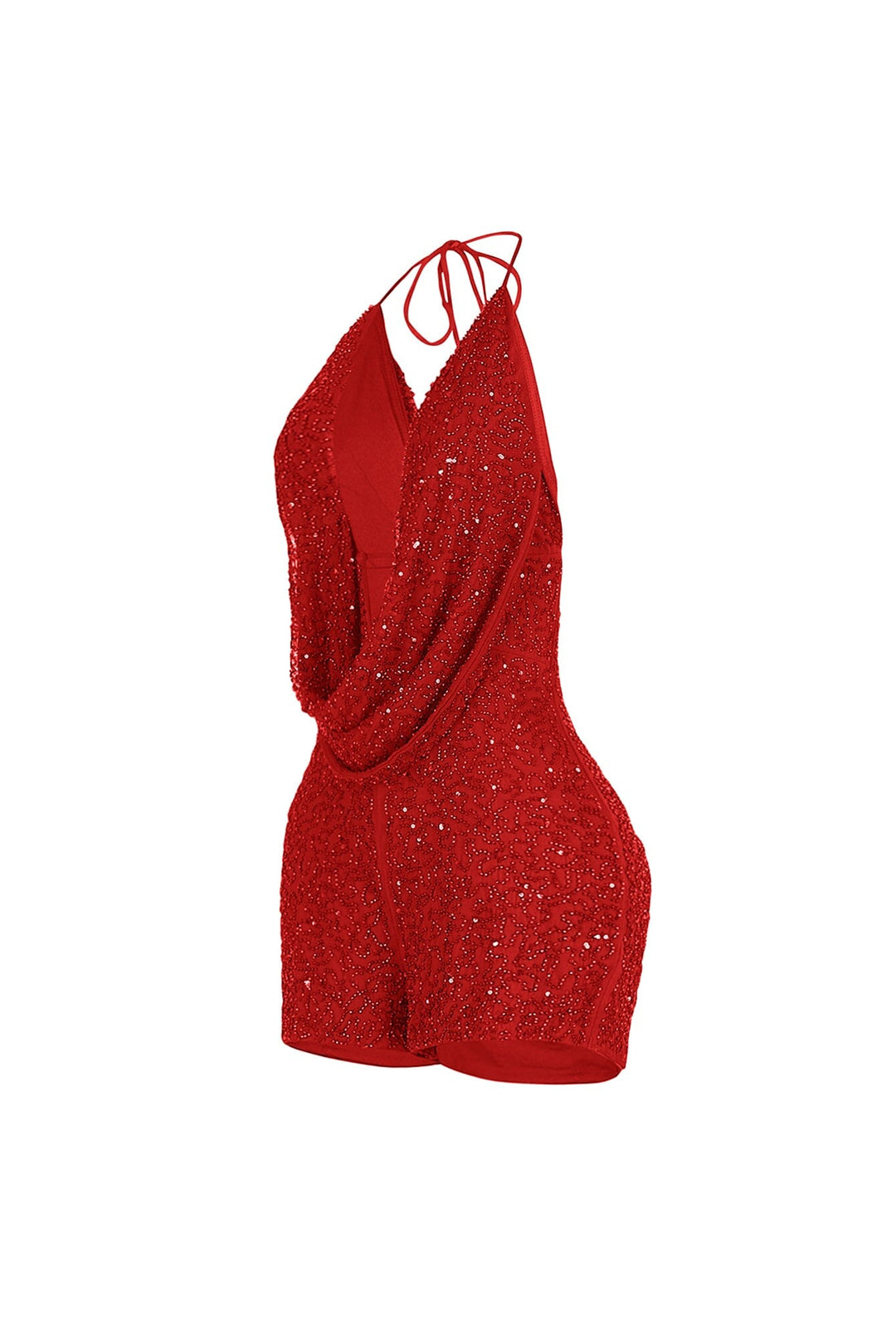 Deep plunging halter mini romper with draped cowl neck overlay and small strap connector featuring scatter shimmering beads