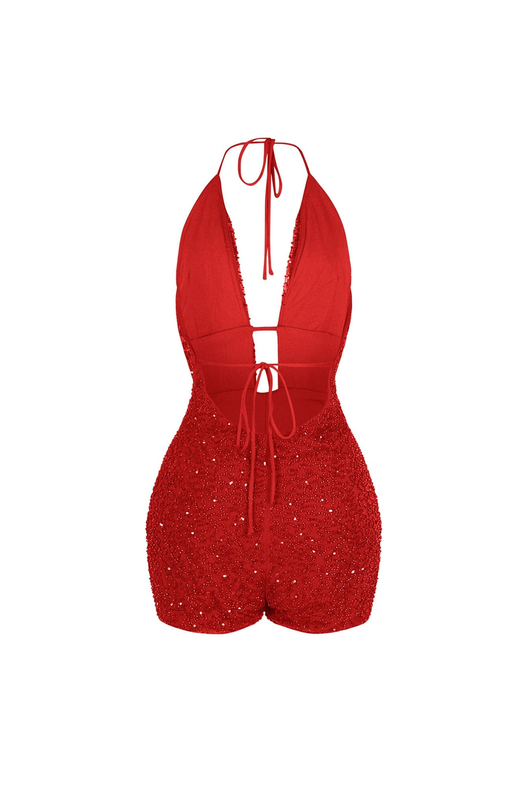 Deep plunging halter mini romper with draped cowl neck overlay and small strap connector featuring scatter shimmering beads