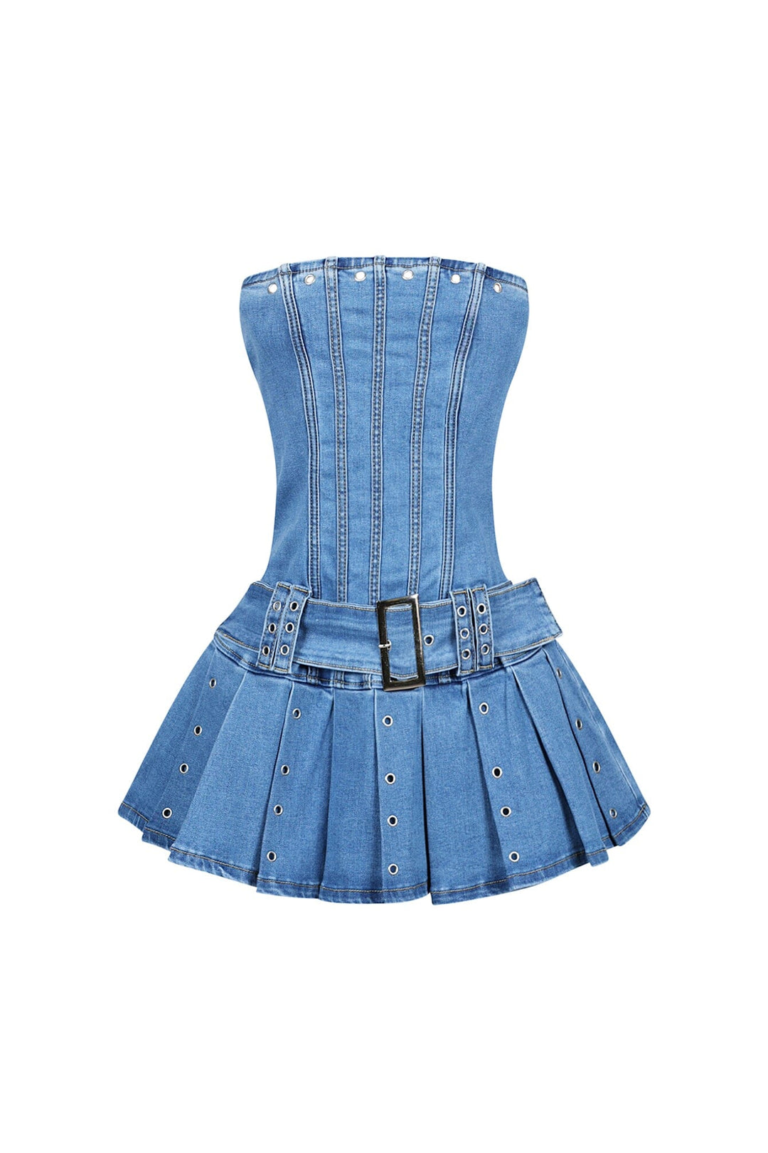 Denim tube eyelet micro dress with pleated skirt featuring front contour enhancing seams and a wide belt detailing