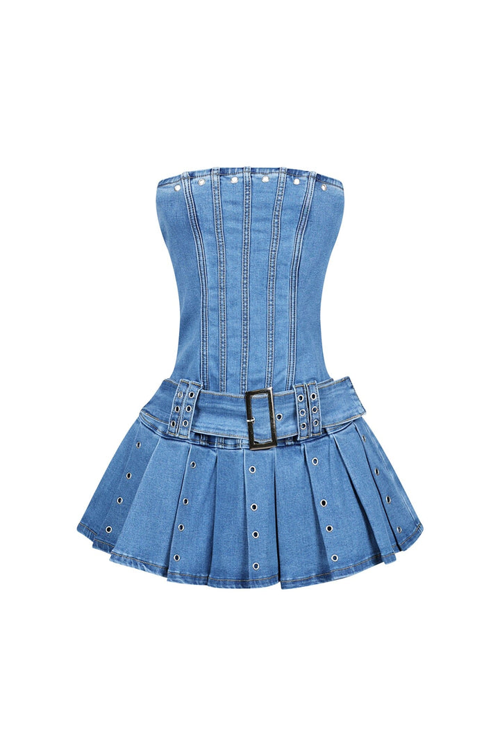 Denim tube eyelet micro dress with pleated skirt featuring front contour enhancing seams and a wide belt detailing