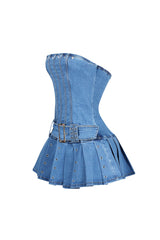 Denim tube eyelet micro dress with pleated skirt featuring front contour enhancing seams and a wide belt detailing