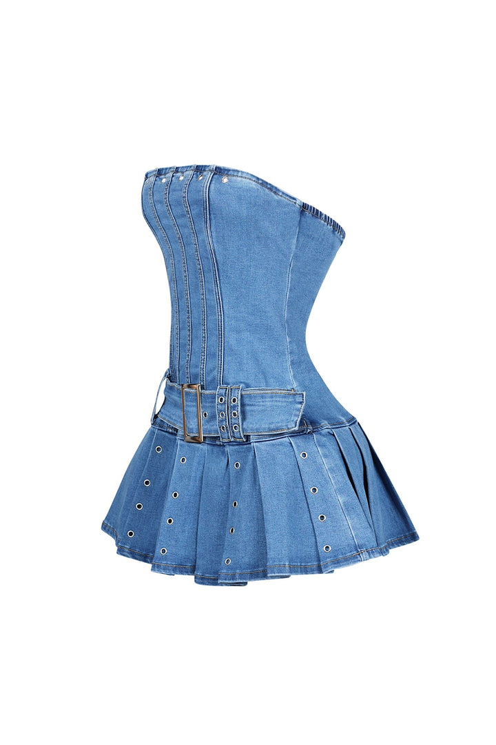 Denim tube eyelet micro dress with pleated skirt featuring front contour enhancing seams and a wide belt detailing