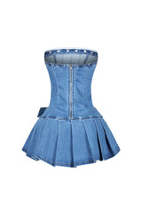 Denim tube eyelet micro dress with pleated skirt featuring front contour enhancing seams and a wide belt detailing