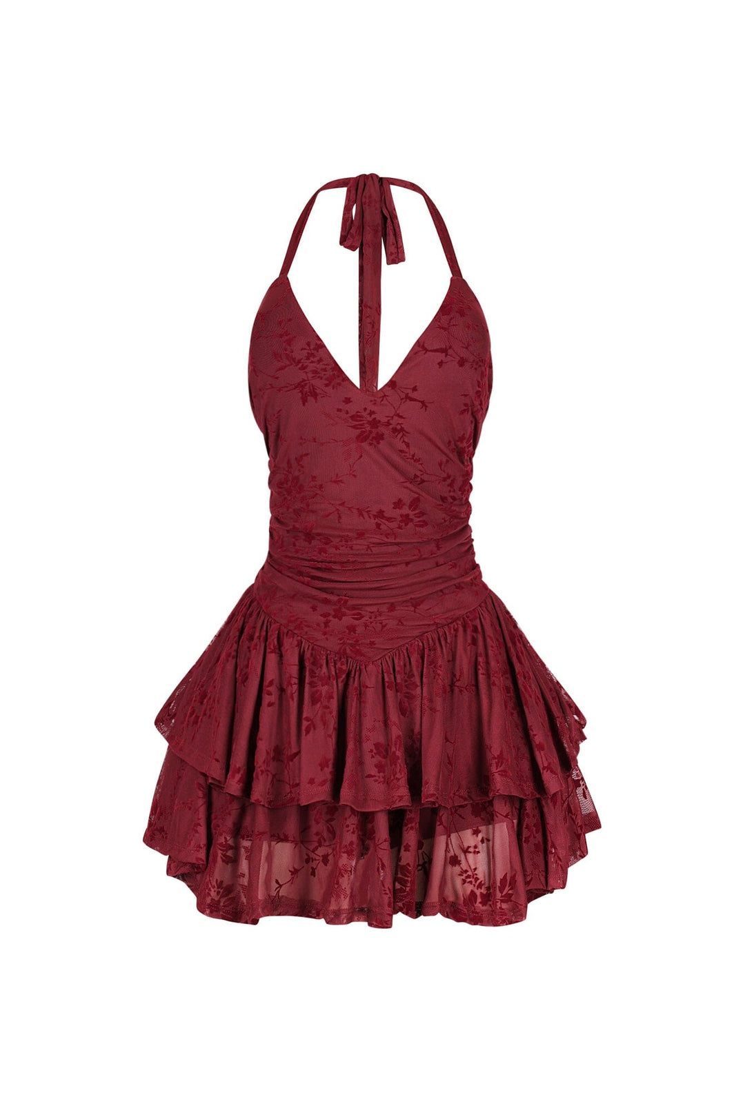 Mesh velvet halter mini dress with V neckline featuring tiered ruffle hem detail