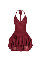 Mesh velvet halter mini dress with V neckline featuring tiered ruffle hem detail
