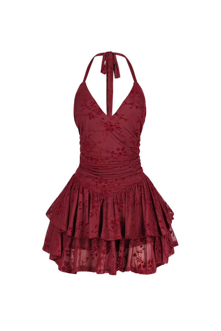 Mesh velvet halter mini dress with V neckline featuring tiered ruffle hem detail