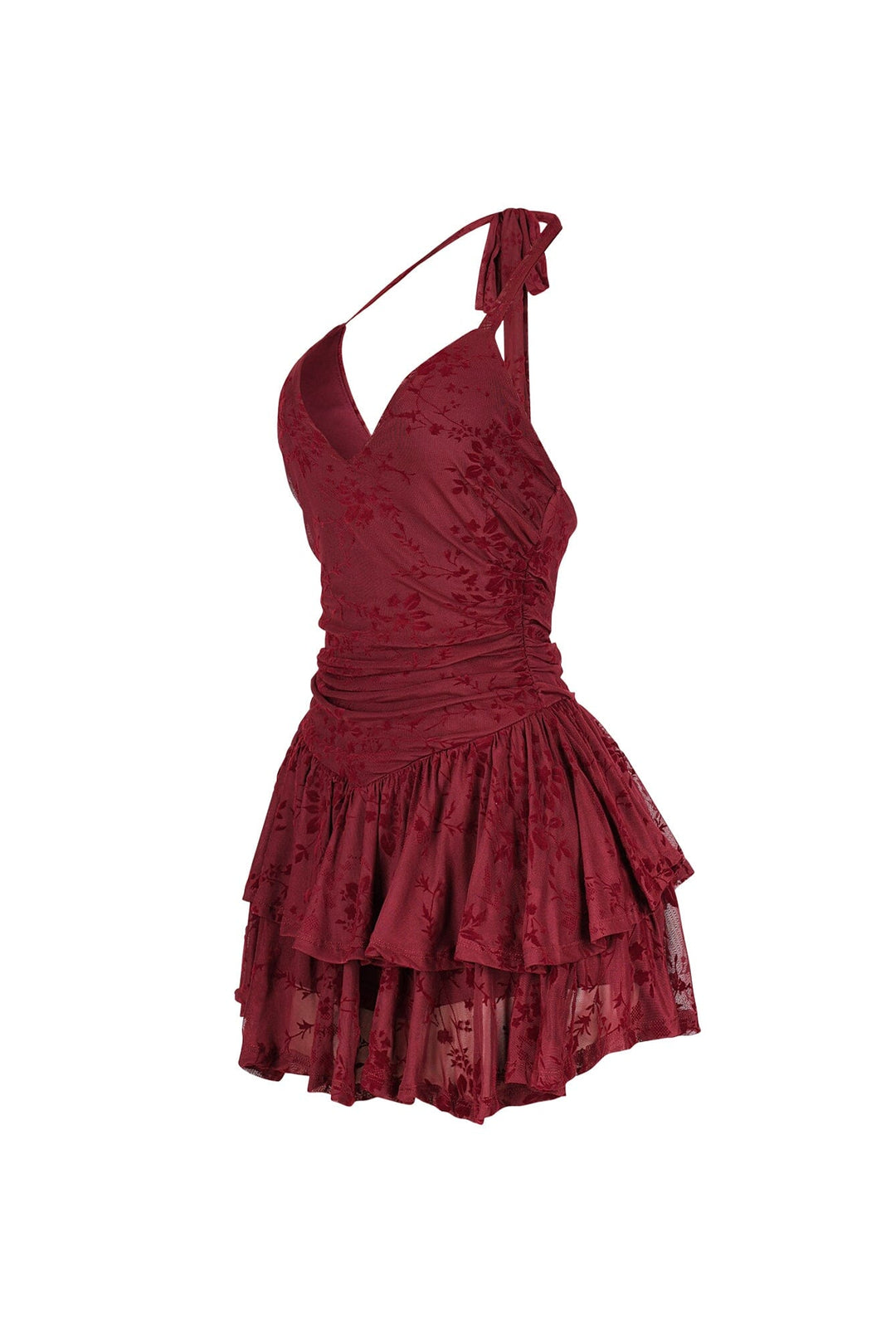 Mesh velvet halter mini dress with V neckline featuring tiered ruffle hem detail