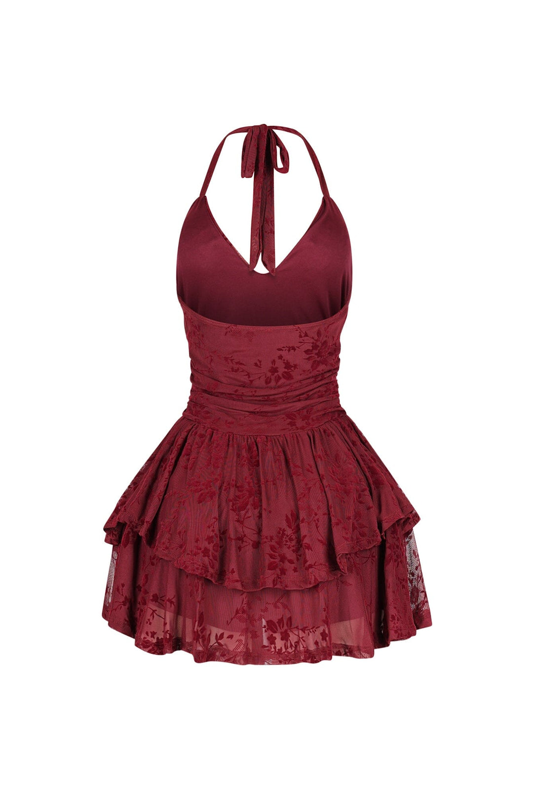 Mesh velvet halter mini dress with V neckline featuring tiered ruffle hem detail