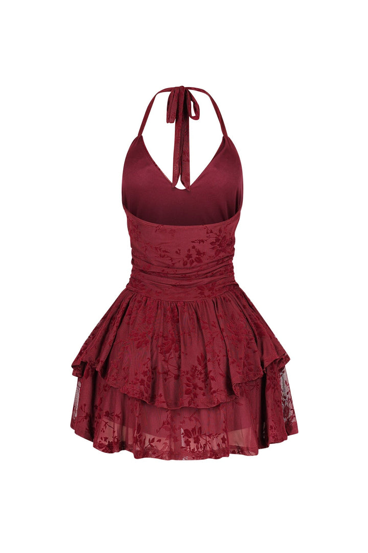 Mesh velvet halter mini dress with V neckline featuring tiered ruffle hem detail