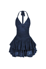 Mesh velvet halter mini dress with V neckline featuring tiered ruffle hem detail
