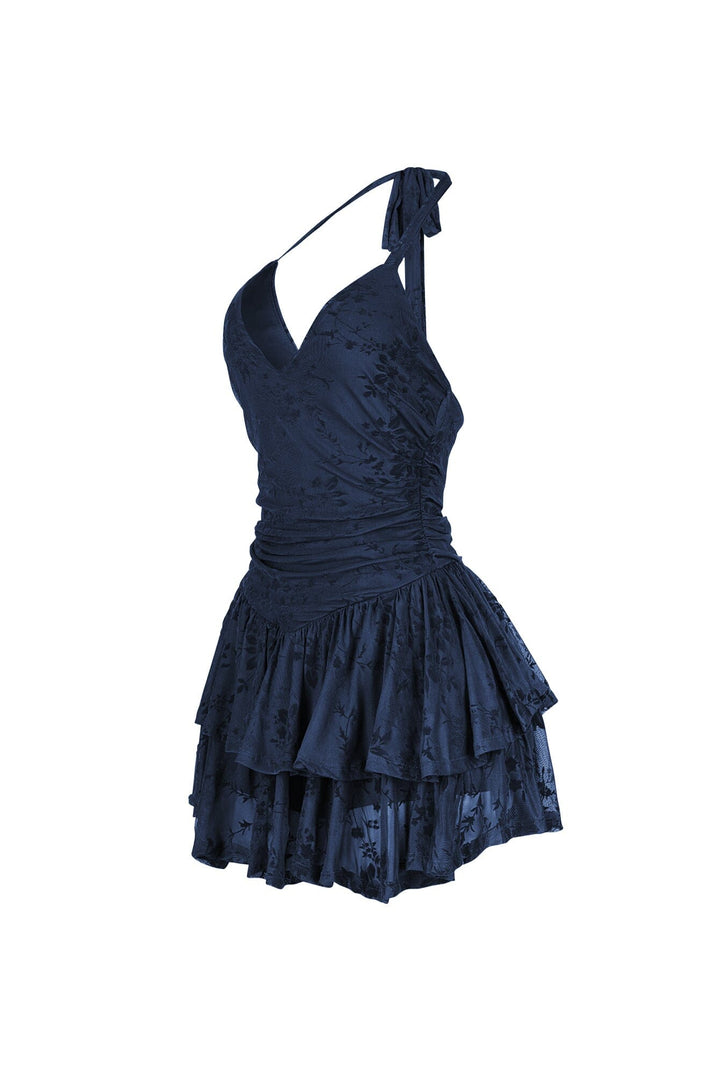 Mesh velvet halter mini dress with V neckline featuring tiered ruffle hem detail