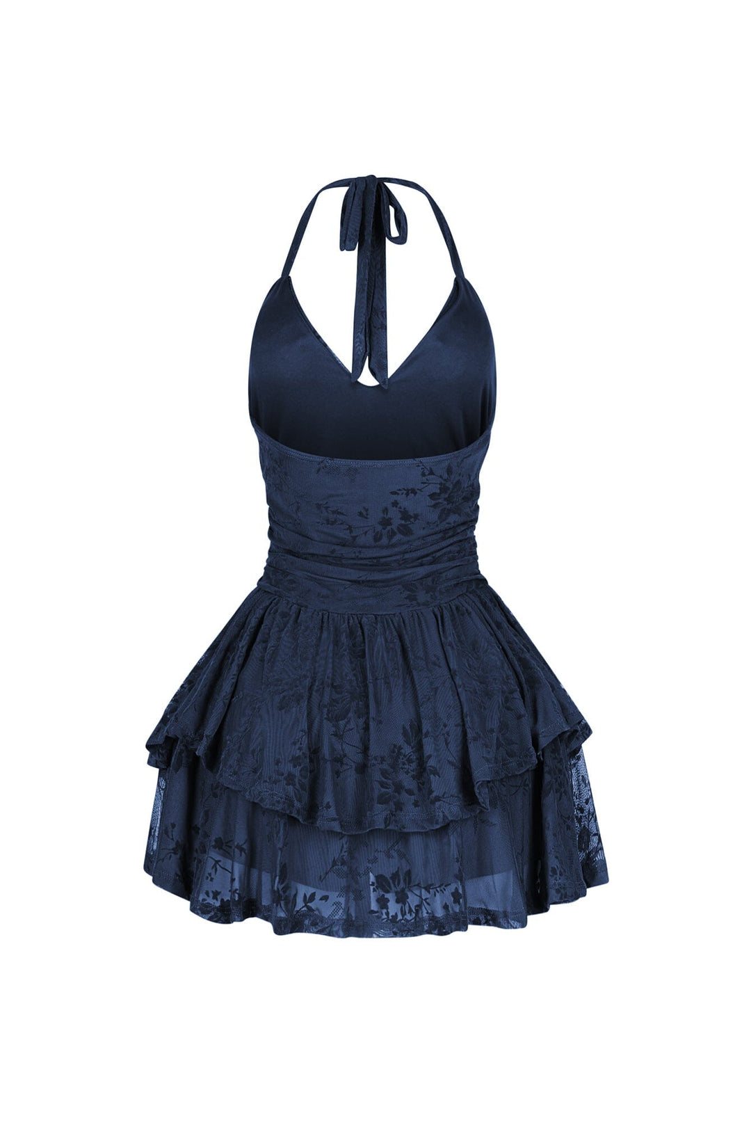 Mesh velvet halter mini dress with V neckline featuring tiered ruffle hem detail