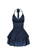Mesh velvet halter mini dress with V neckline featuring tiered ruffle hem detail