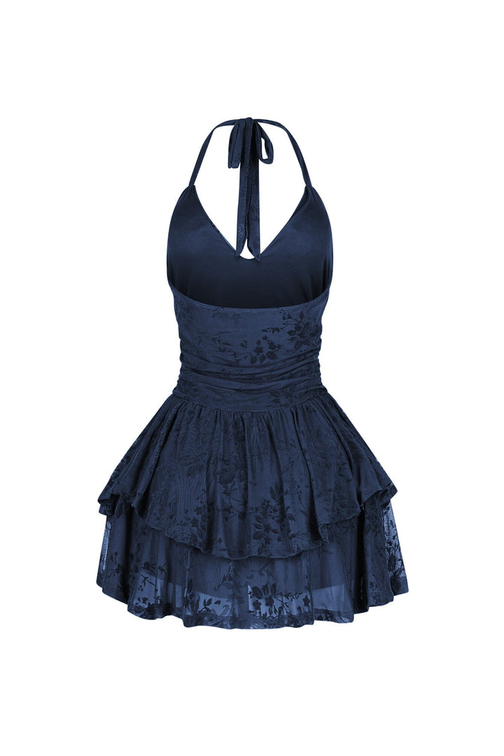 Mesh velvet halter mini dress with V neckline featuring tiered ruffle hem detail