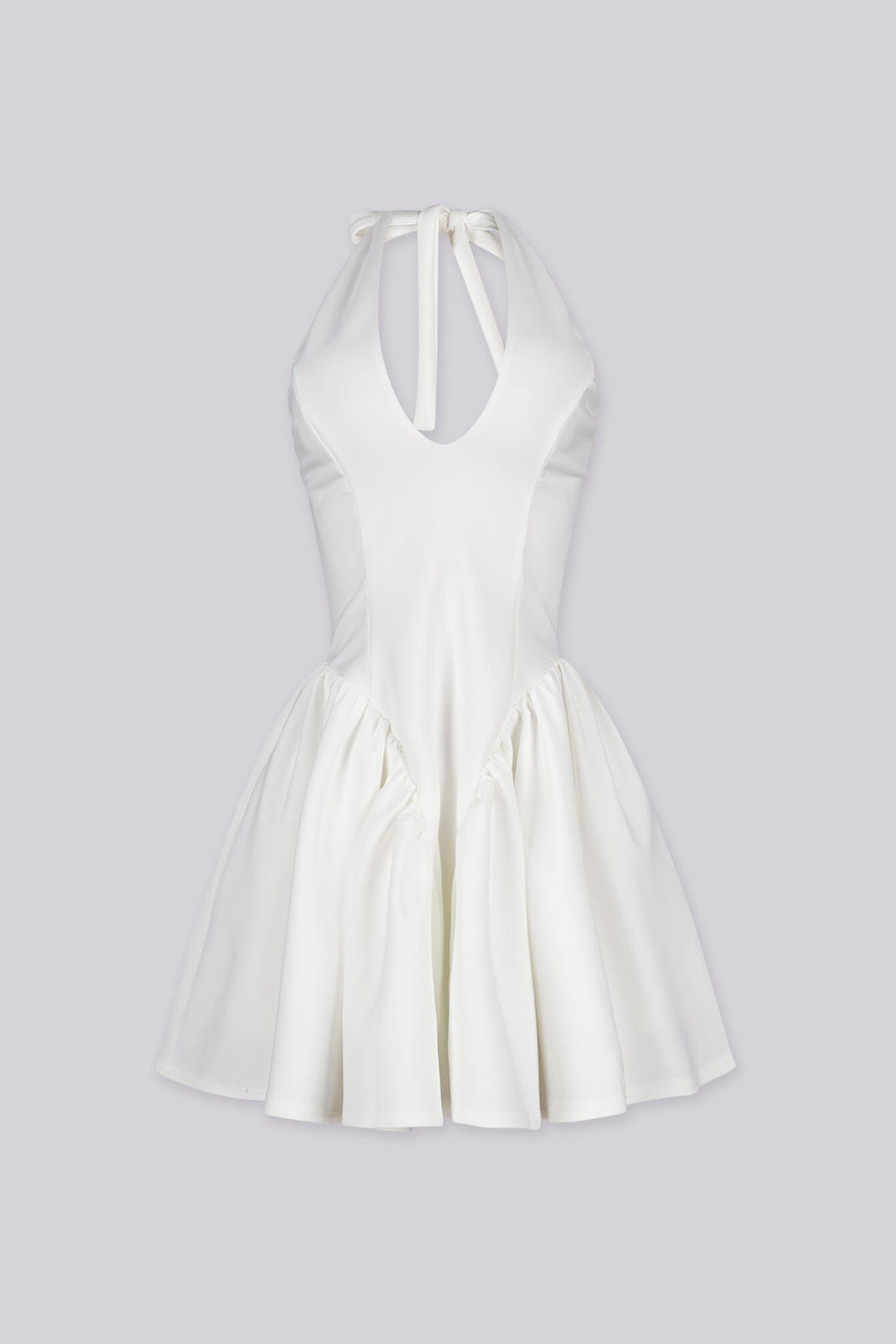 Fitted bodice halter neck mini dress with plunging v neckline featuring drop waist seams for flared swing hem