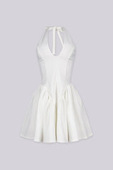 Fitted bodice halter neck mini dress with plunging v neckline featuring drop waist seams for flared swing hem