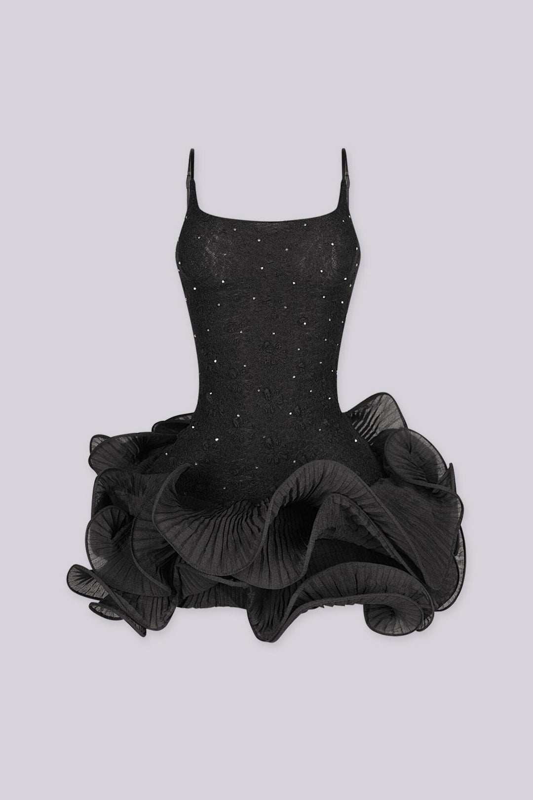 Fitted mini dress with scoop neckline and adjustable thin straps featuring scattered rhinestone details