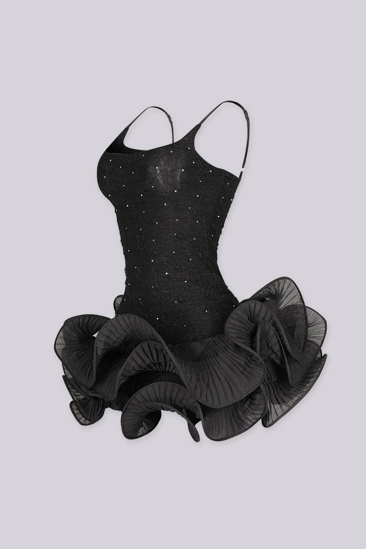 Livia Rhinestone Spiral Ruffle Hem Mini Dress