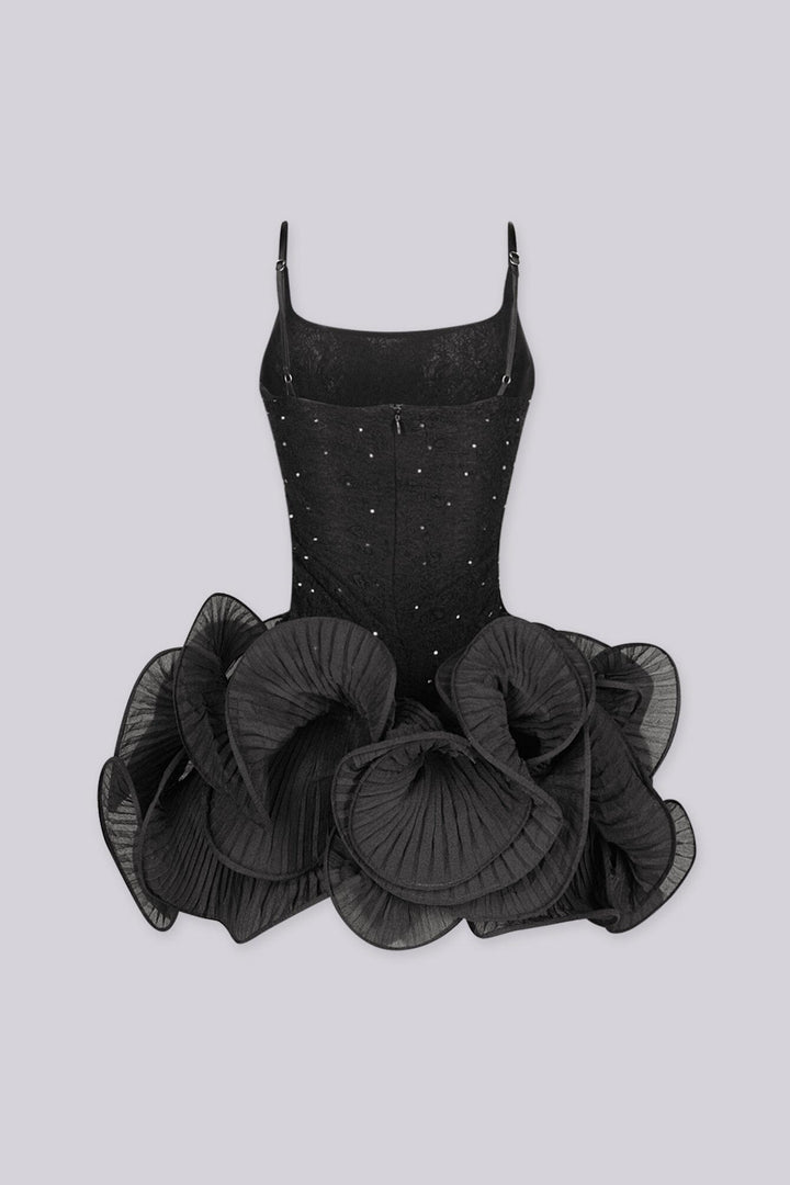 Livia Rhinestone Spiral Ruffle Hem Mini Dress