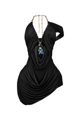 Mesh halter mini dress with adjustable chain neck closure featuring statement pendant and dangling tassels
Heavy ruched sheer mesh paneling detail with asymmetrical hemline