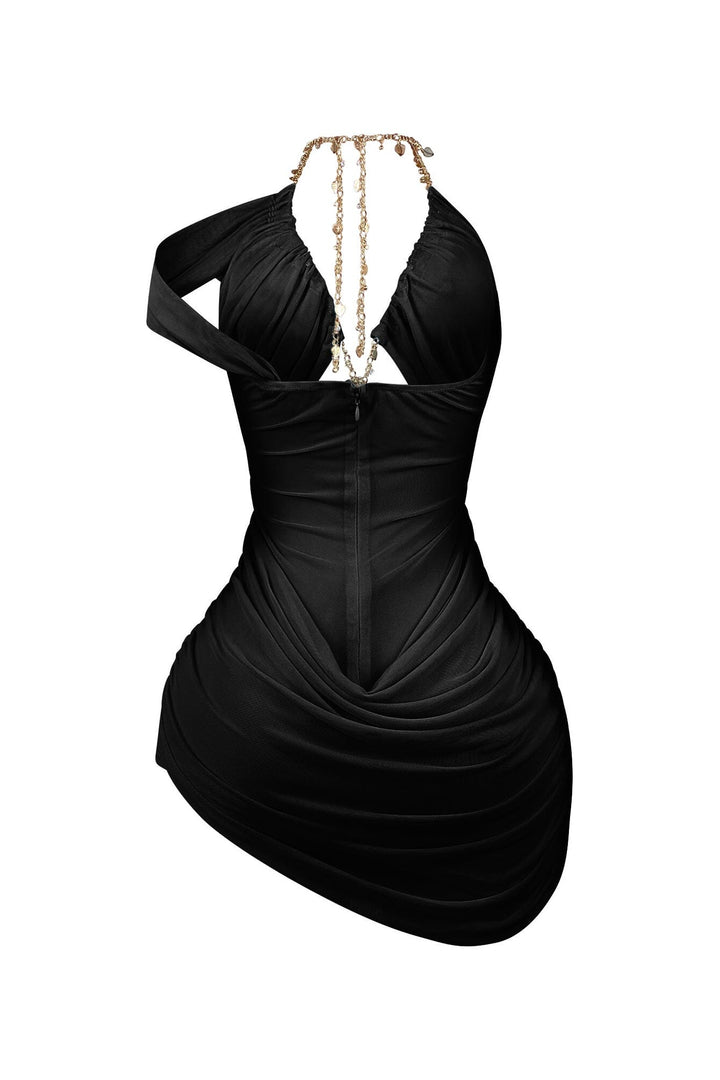 Mesh halter mini dress with adjustable chain neck closure featuring statement pendant and dangling tassels
Heavy ruched sheer mesh paneling detail with asymmetrical hemline
