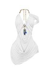 Mesh halter mini dress with adjustable chain neck closure featuring statement pendant and dangling tassels
Heavy ruched sheer mesh paneling detail with asymmetrical hemline