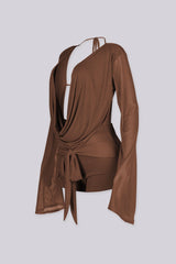 EDGEBYKS — brown draped mesh romper with long sleeves, side view flat lay