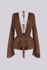 Plunging cowl neckline long sleeve mesh romper that drapes and ties at the waist, brown front view