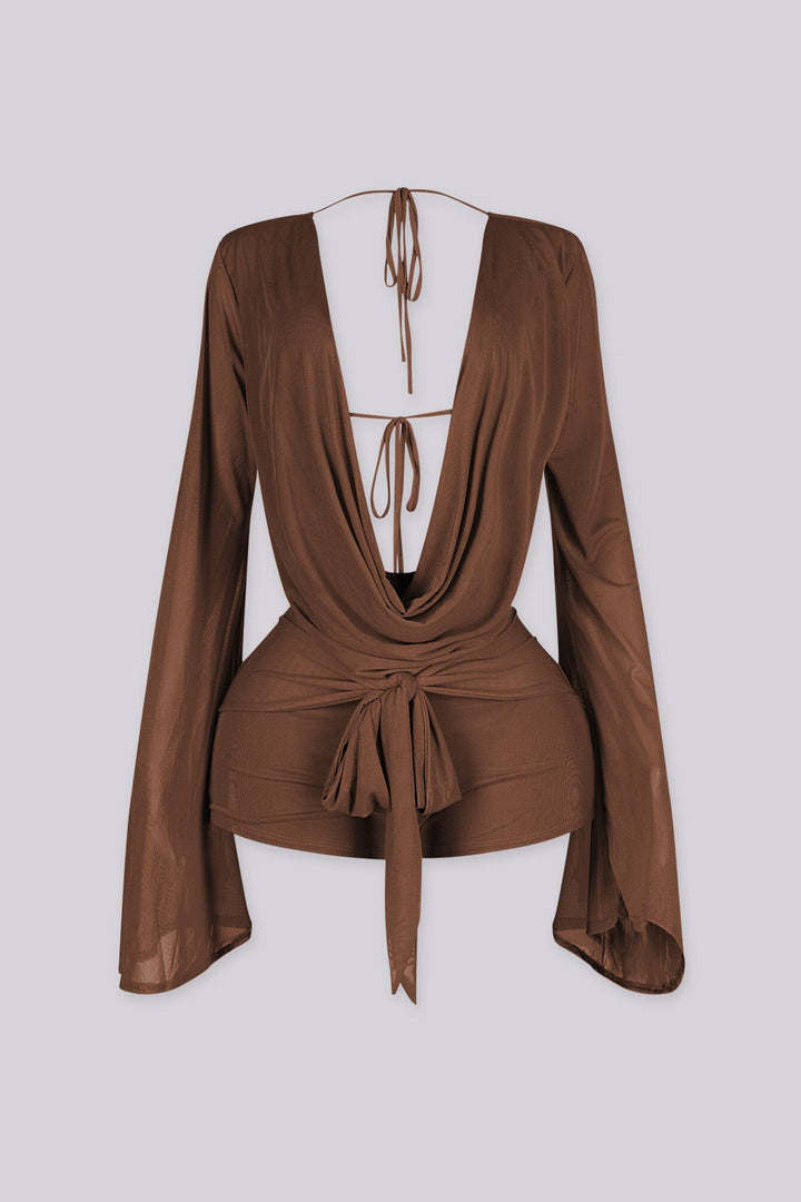 Plunging cowl neckline long sleeve mesh romper that drapes and ties at the waist, brown front view