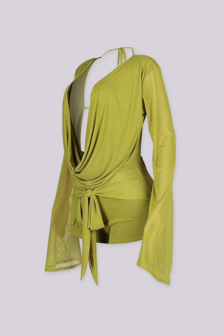 EDGEBYKS — moss green draped mesh romper with long sleeves, side view flat lay