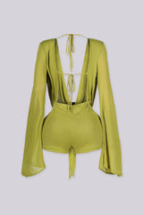 EDGEBYKS — moss green draped mesh romper with long sleeves, back view flat lay