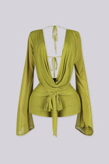 Plunging cowl neckline long sleeve mesh romper that drapes and ties at the waist, moss green front view