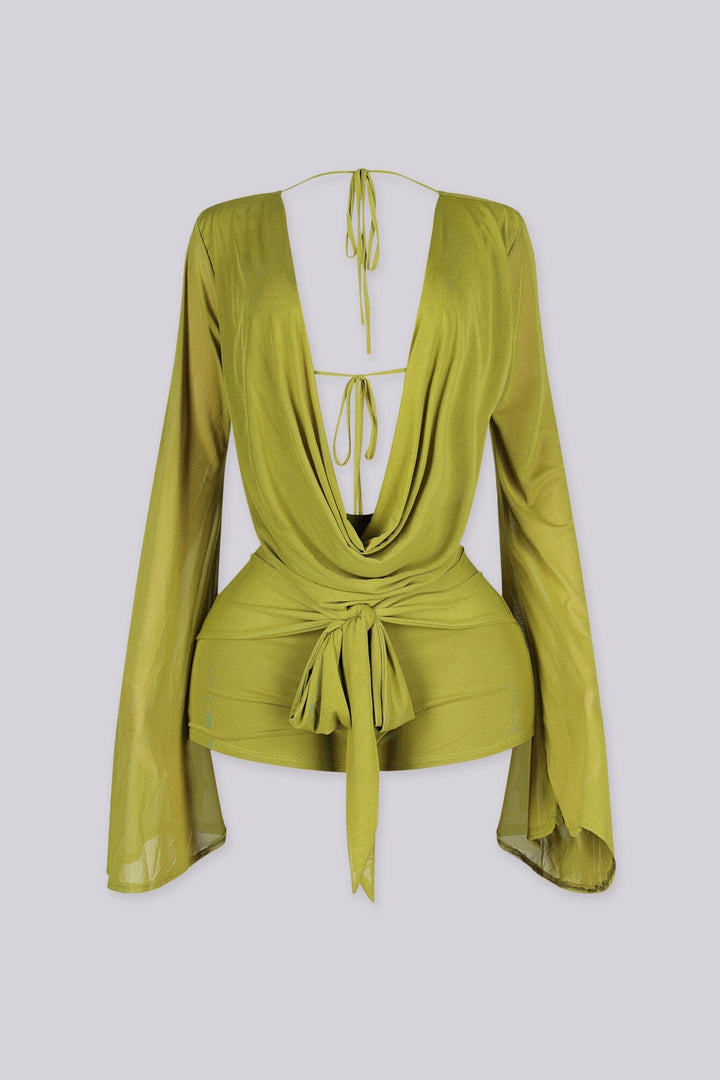 Plunging cowl neckline long sleeve mesh romper that drapes and ties at the waist, moss green front view