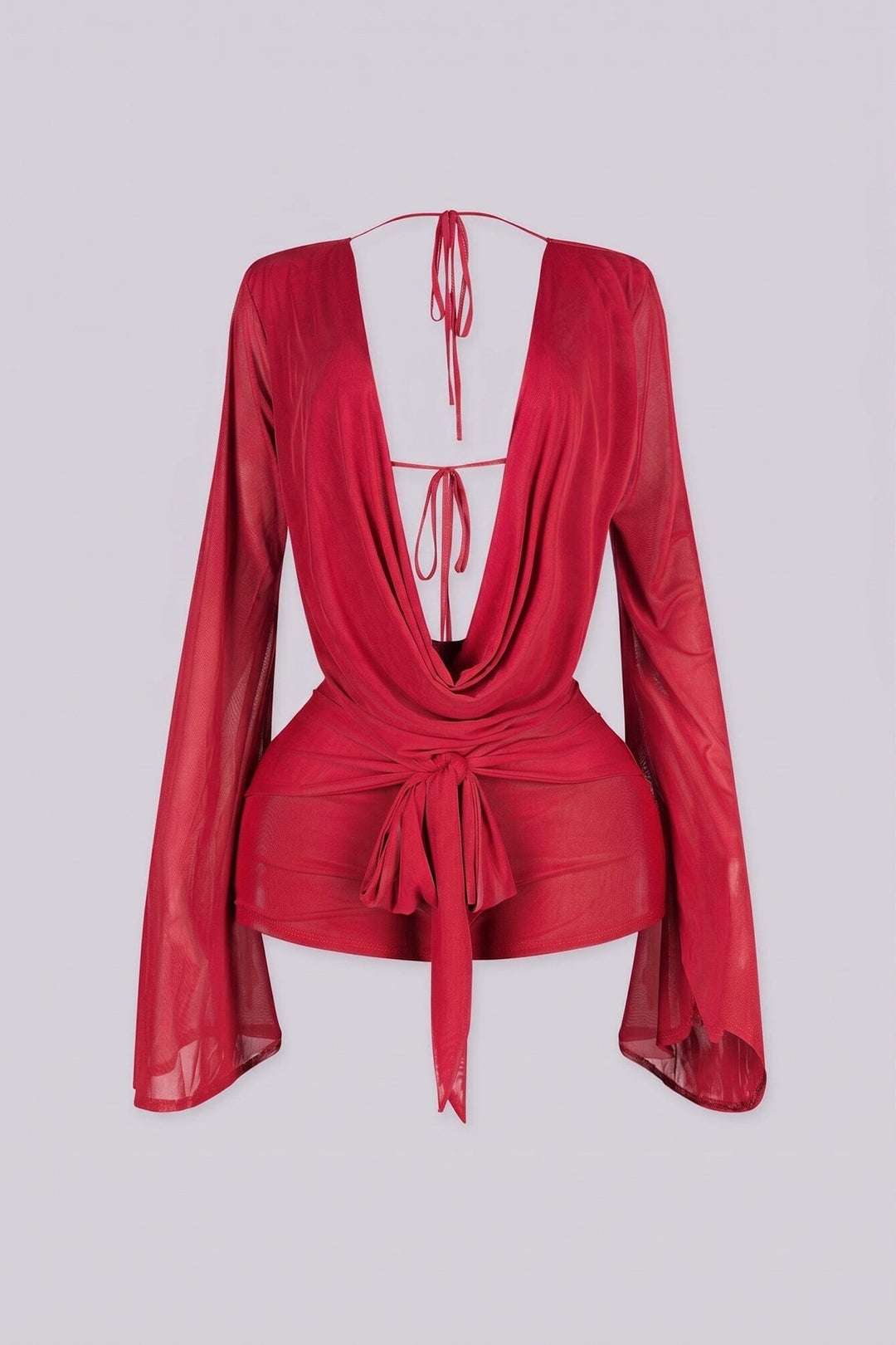 Plunging cowl neckline long sleeve mesh romper that drapes and ties at the waist, brown front view