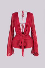 Plunging cowl neckline long sleeve mesh romper that drapes and ties at the waist, brown front view