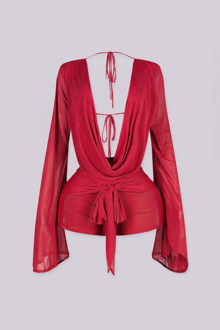 Plunging cowl neckline long sleeve mesh romper that drapes and ties at the waist, brown front view