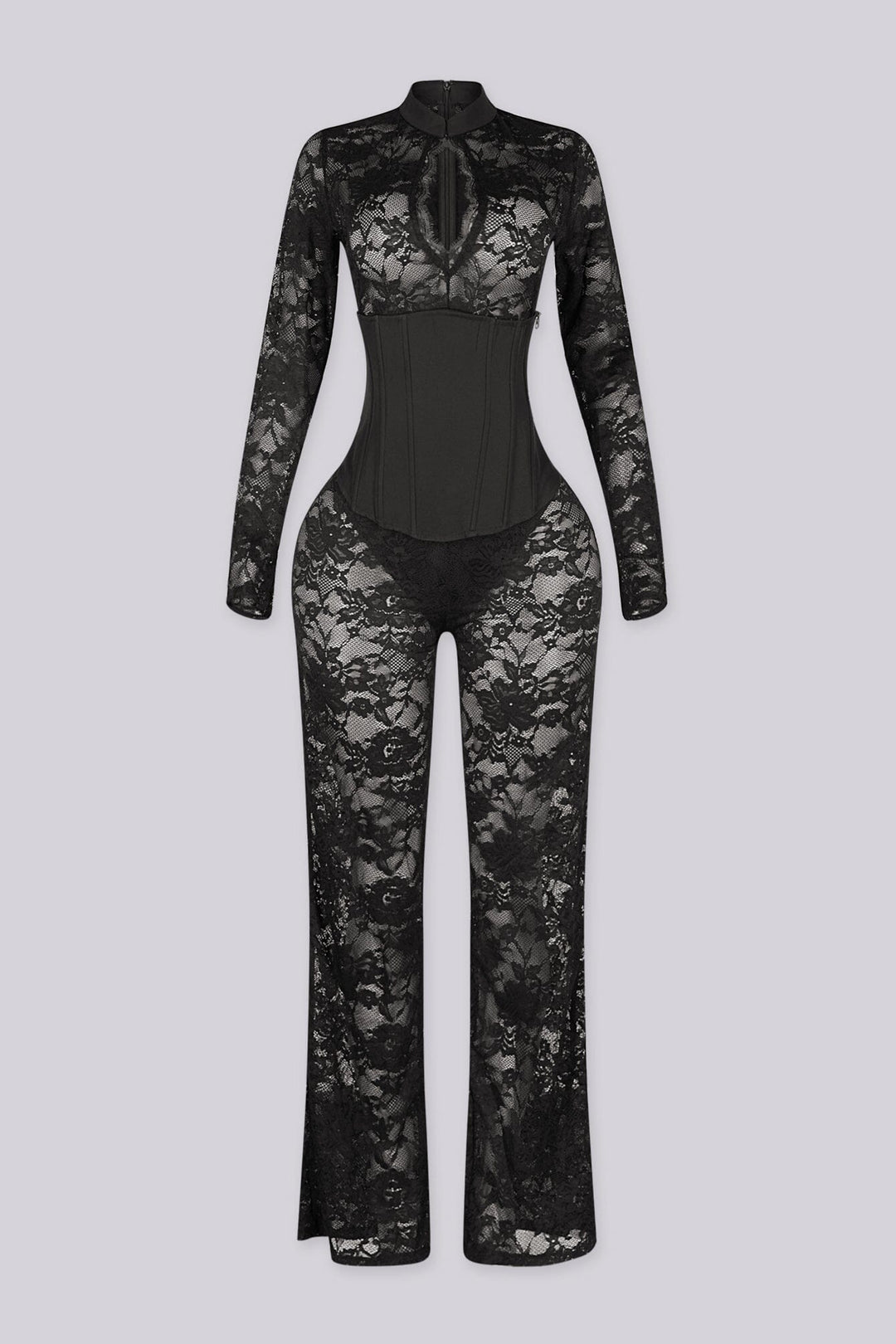 Full length sheer floral lace jumpsuit with a mock neckline