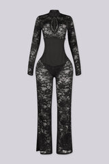 Full length sheer floral lace jumpsuit with a mock neckline