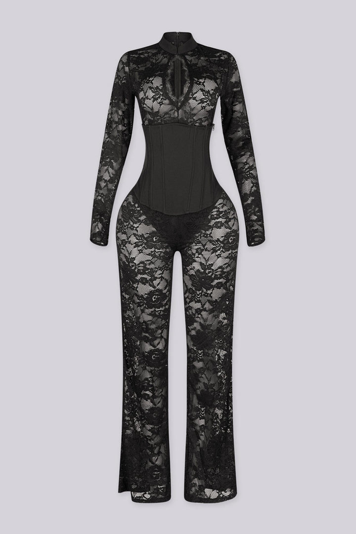 Full length sheer floral lace jumpsuit with a mock neckline