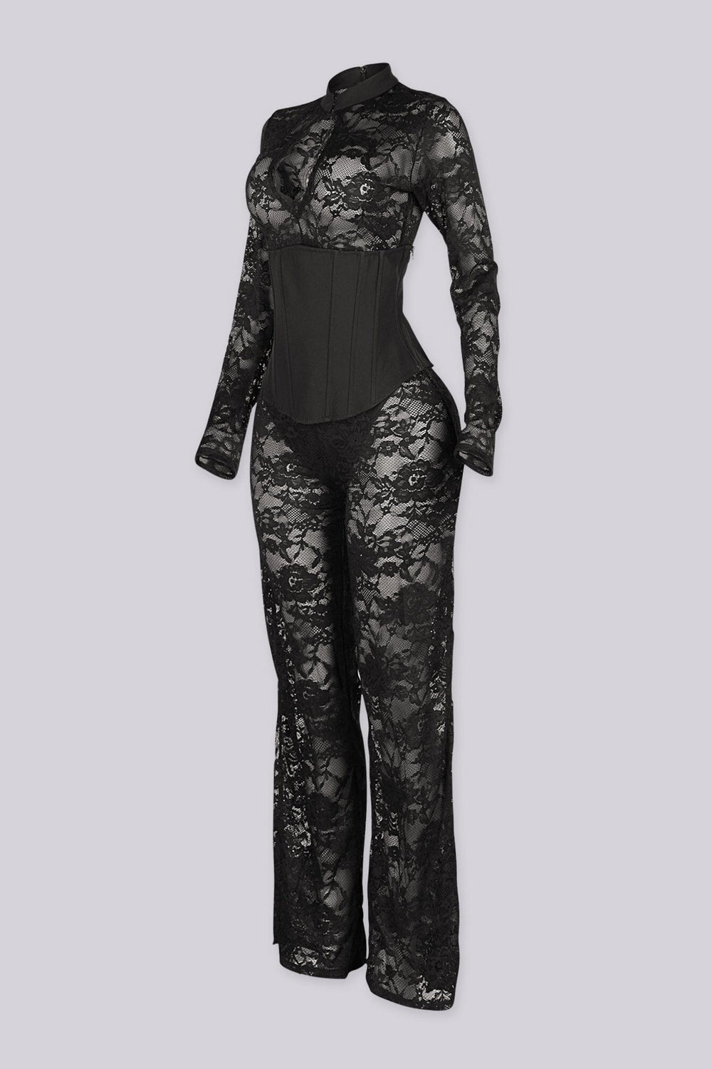Full length sheer floral lace jumpsuit with a mock neckline