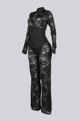 Full length sheer floral lace jumpsuit with a mock neckline