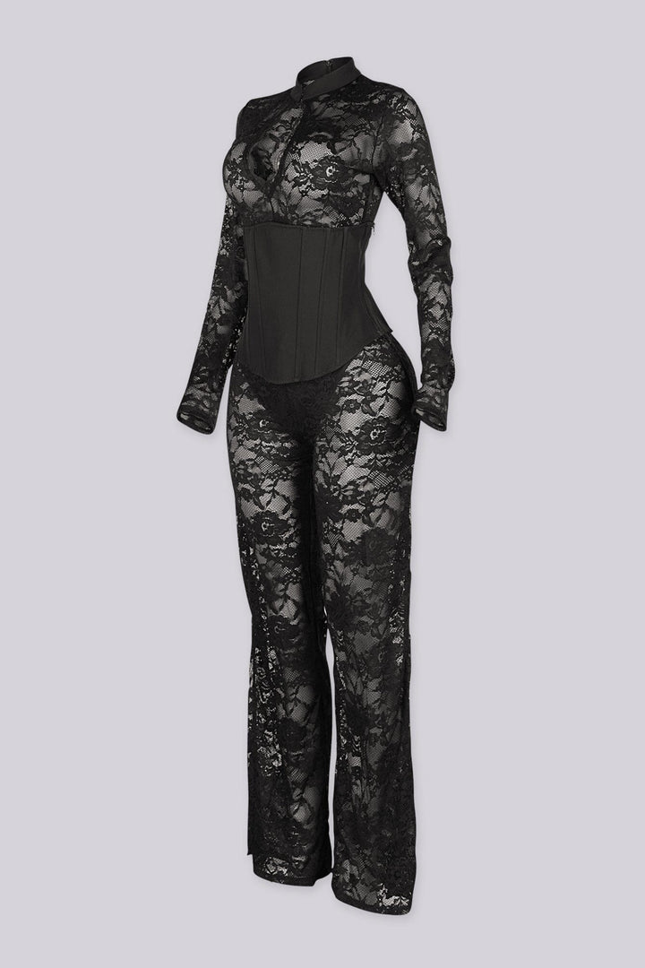 Full length sheer floral lace jumpsuit with a mock neckline