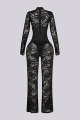 Full length sheer floral lace jumpsuit with a mock neckline