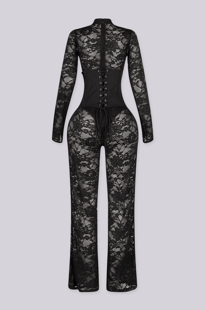 Full length sheer floral lace jumpsuit with a mock neckline